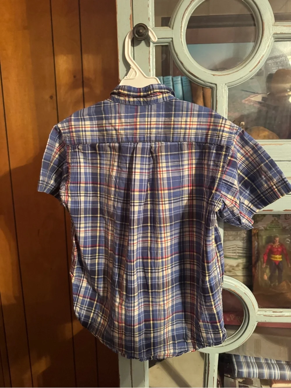 Kids Boys Blue Plaid Button-Down Shirt - Classic Short Sleeve Size 7 C2